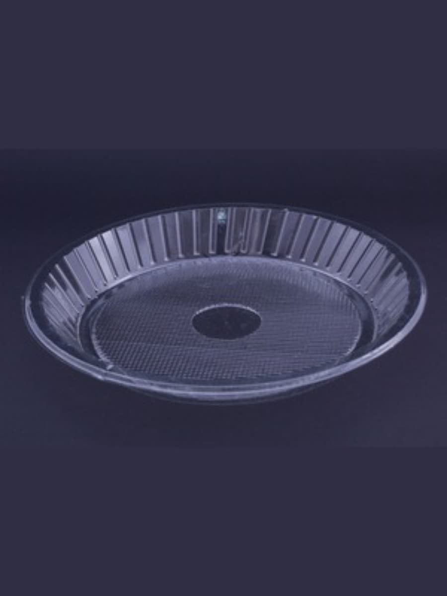 transparent, circular disposable plastic plate or food packaging tray